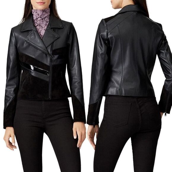 Slate & Willow Mixed Media Colorblock Moto Leather Jacket, size S - Picture 1 of 14